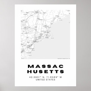 ミニマリストMassachusetts Map Art – 白黒 ポスター