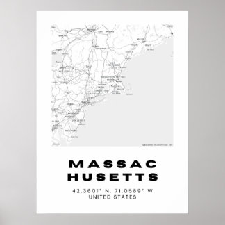 ミニマリストMassachusetts Map Art – 白黒 ポスター