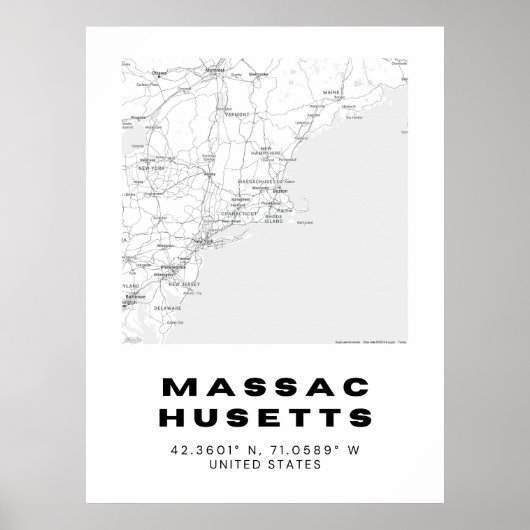 ミニマリストMassachusetts Map Art – 白黒 ポスター (正面)