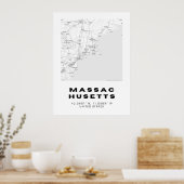 ミニマリストMassachusetts Map Art – 白黒 ポスター (キッチン)