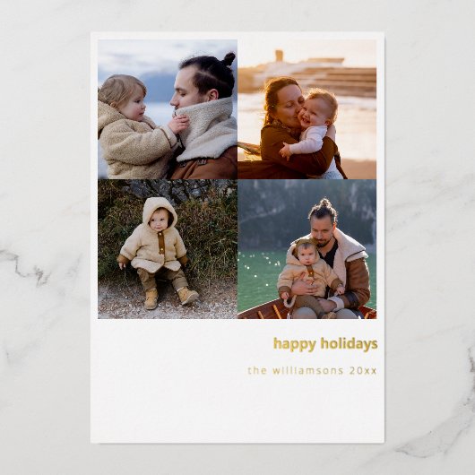 ミニマリストMerry Christmas はっきりした 4 Photo Grid金ゴールド 箔シーズンカード (正面)