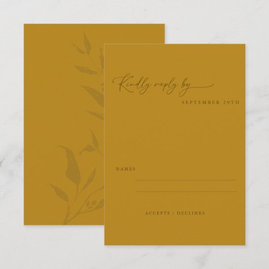 ミニマリストOchre Yellow Boho Script 結婚's 出欠カード (正面/裏面)