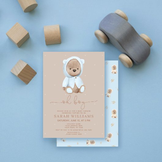 ミニマリストOh Boy Dusty Blue Bearベビーシャワー 招待状