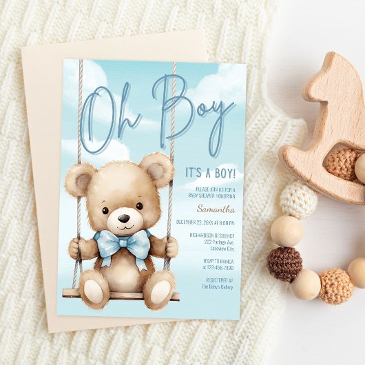 ミニマリストOh Boy It's A Boy Blue Bear Baby Shower 招待状