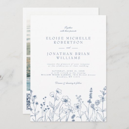 ミニマリストPeriwinkle Wildflower詳細結婚ズ 招待状 (正面/裏面)