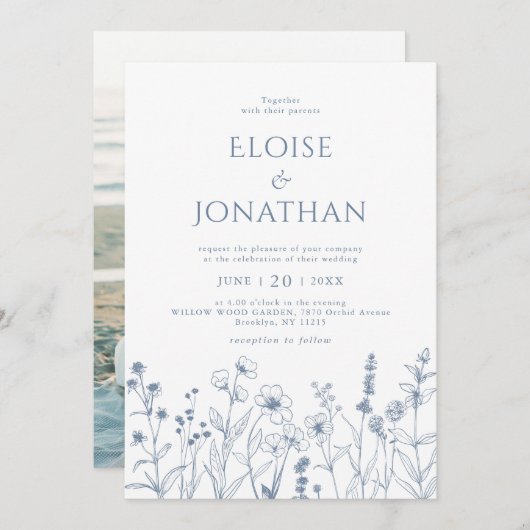 ミニマリストPeriwinkle Wildflower Photo 結婚's 招待状 (正面/裏面)