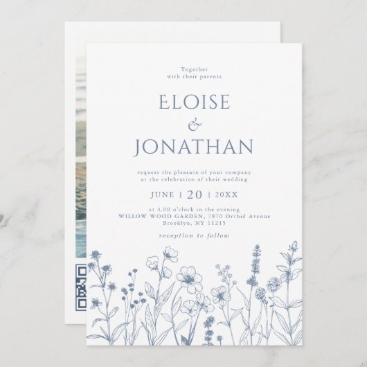ミニマリストPeriwinkle Wildflower QRコード結婚s 招待状 (正面/裏面)
