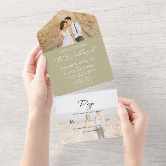 ミニマリストPlain Sage Green 2 Photo Rsvp 結婚's オールインワン招待状 (貼ってはがせる)