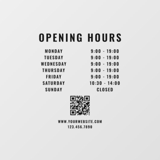 ミニマリストQRコード店舗営業時間 黒 ウィンドウサイン (シート)