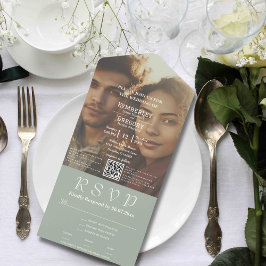 ミニマリストSageグリーンアイボリークリームフォトQRコード オールインワン招待状