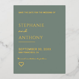 ミニマリストSage Greenと金ゴールド結婚ハート 箔招待状ポストカード