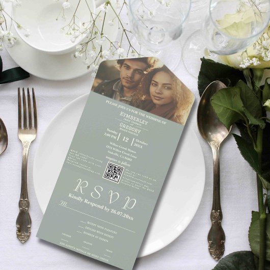 ミニマリストSage Greenアイボリー写真QRコード電子メール オールインワン招待状