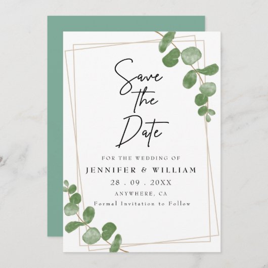 ミニマリストSage Greenフローラ日付の保存 招待状 (正面/裏面)