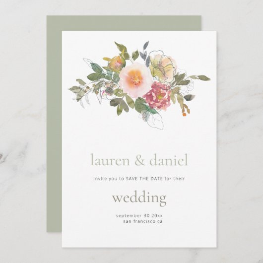 ミニマリストSage Greenフローラ結婚QR セーブザデート (正面/裏面)