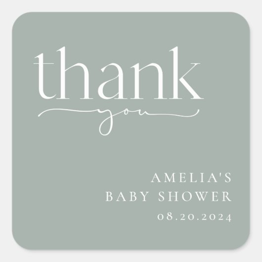 ミニマリストSage Green Baby Showerありがとう スクエアシール (正面)