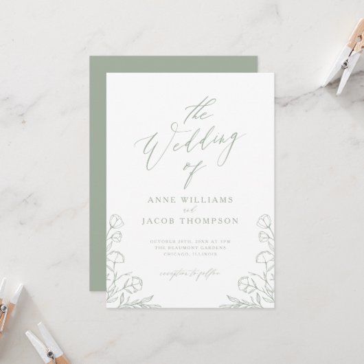 ミニマリストSage Green Greenery Boho 結婚フローラ 招待状 (正面/裏面インサイチュ)
