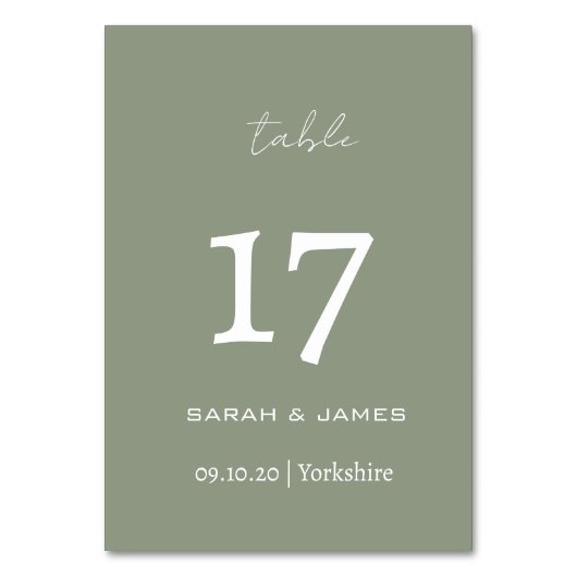 ミニマリストSage Green Script結婚のカスタム テーブルナンバー (正面)