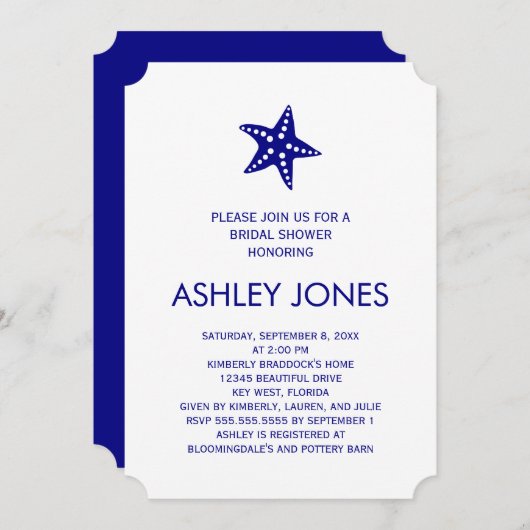 ミニマリストStarfishブライダルシャワー招待,海軍 招待状 (正面/裏面)