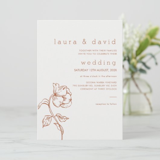 ミニマリストTerracottaライン描フローラ結婚ズ 招待状 (スタンド正面)