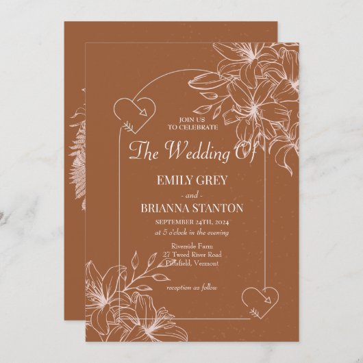 ミニマリストterracotta boho燃えたオレンジ結婚ズ 招待状 (正面/裏面)