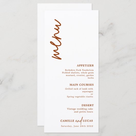 ミニマリストTerracotta Rust結婚のメニュー メニュー (正面/裏面)