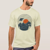 ミニマリストUFO風景 - 日没の山々と飛行 Tシャツ (正面)