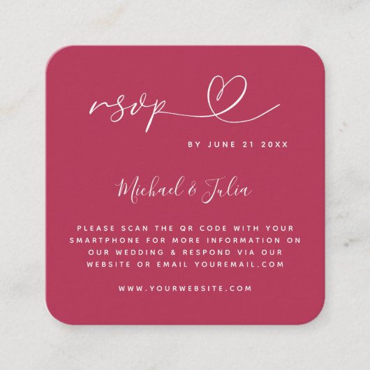 ミニマリストVivaマゼンタハートQRコードウェディングRSVP エンクロージャーカード (正面)