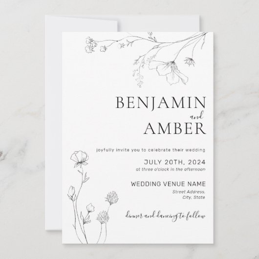 ミニマリストWildflowersラインアートボー結婚ホ 招待状 (正面)