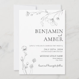 ミニマリストWildflowersラインアートボー結婚ホ 招待状