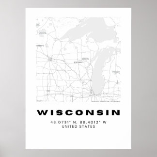 ミニマリストWisconsinマップアート – 白黒 ポスター