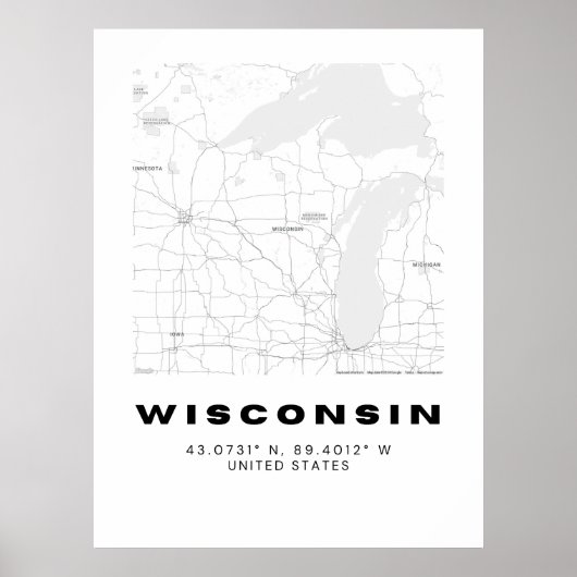 ミニマリストWisconsinマップアート – 白黒 ポスター (正面)