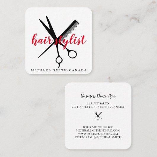 ミニマリスモダント鋏ブランディング美容師 スクエア名刺 (正面/裏面)