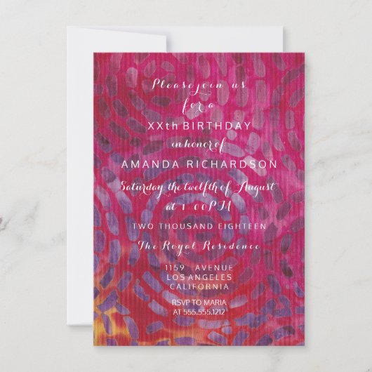 ミニマリスレッドキャンディろうけつ染めトロピカルピンク誕生日 招待状 (正面)