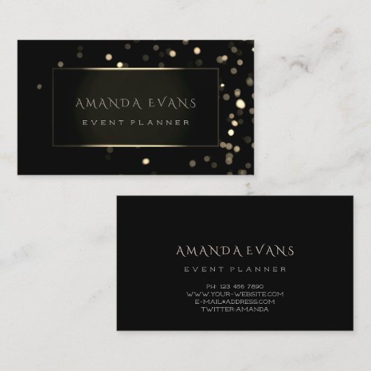 ミニマリズムイベントプランナーブラックフレーム金ゴールドスパークリー 名刺 (正面/裏面)