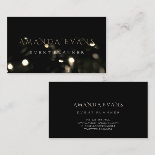 ミニマリズムイベントプランナーブラックライトズ金ゴールドスパークリー 名刺 (正面/裏面)