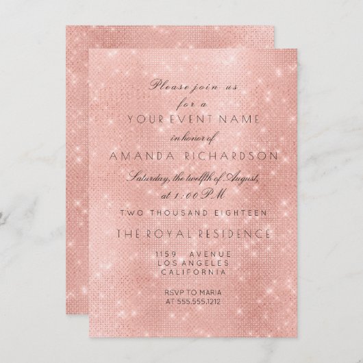 ミニマリズムバラピンク赤面スパークリー金ゴールド誕生日 招待状 (正面/裏面)