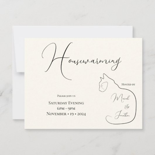 ミニマリズム座りキャットブラック&クリーム引っ越し祝いパーティー 招待状 (正面)