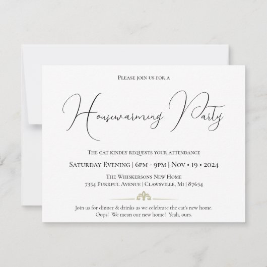 ミニマリズム座りキャットブラック&ホワイト引っ越し祝いパーティー 招待状 (裏面)