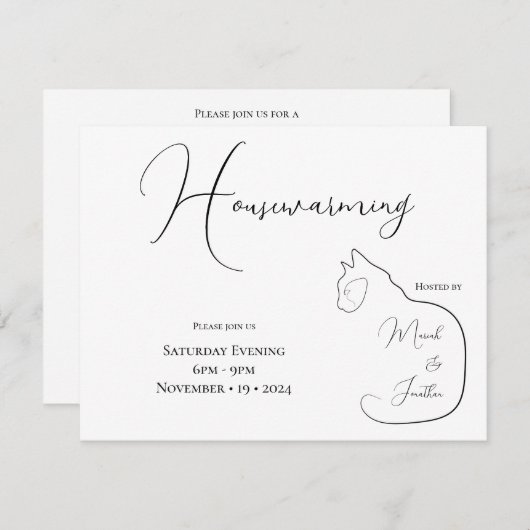 ミニマリズム座りキャットブラック&ホワイト引っ越し祝いパーティー 招待状 (正面/裏面)