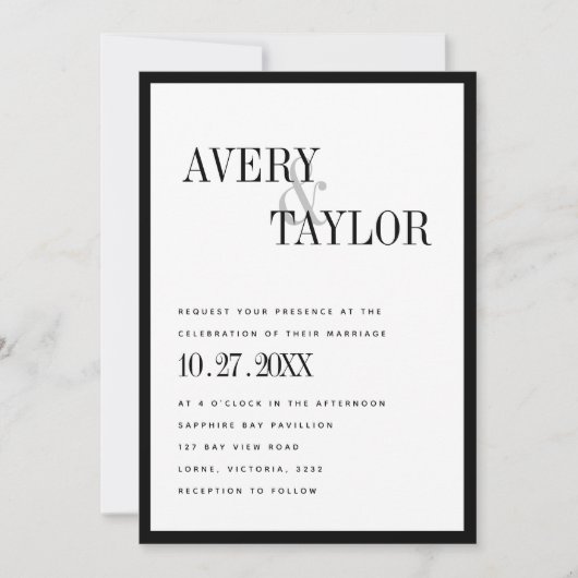 ミニマリズム白黒の結婚活版印刷 招待状 (正面)