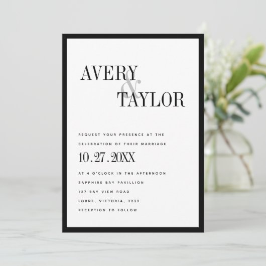 ミニマリズム白黒の結婚活版印刷 招待状 (スタンド正面)