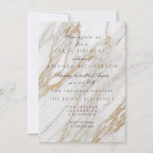ミニマリズム グレー ゴールド ホワイト マーブル 誕生日 招待状 (正面)