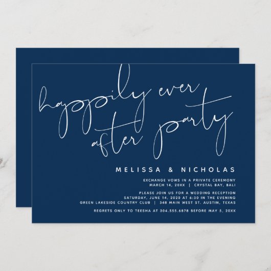 ミニマリズム ネイビーブルー、結婚式 ふたりだけの結婚式 パーティー 招待状 (正面/裏面)