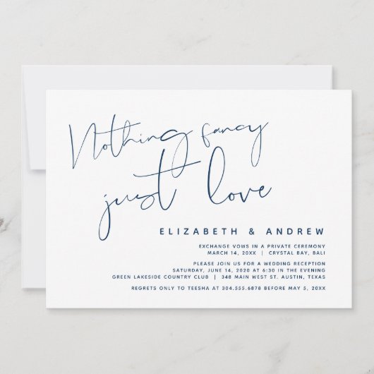 ミニマリズム ネイビーブルー、結婚式 ふたりだけの結婚式 招待状 (正面)