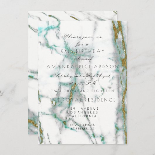 ミニマリズム ミントグリーン ホワイト ゴールド グリーン マーブル 招待状 (正面/裏面)