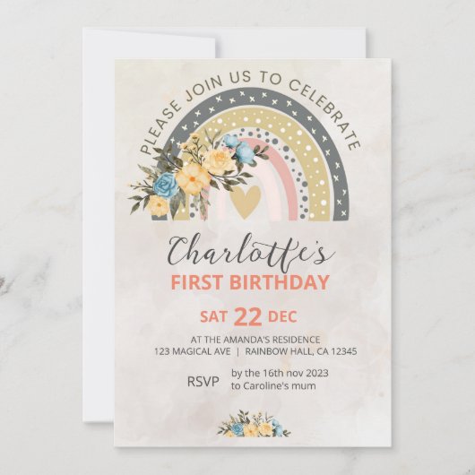 ミニマリポンパスグラスレトロレインボーボホ誕生日 招待状 (正面)