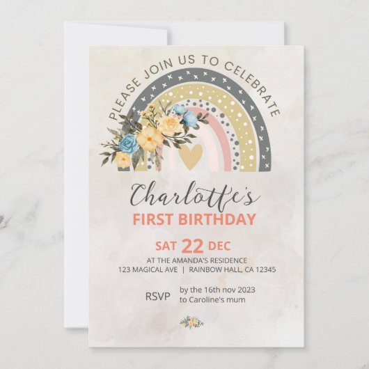 ミニマリポンパスグラスレトロレインボーボホ誕生日 招待状 (正面)