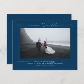 ミニマリモダンストのネイビーブルーが日付の写真を保存 セーブザデート (正面/裏面)