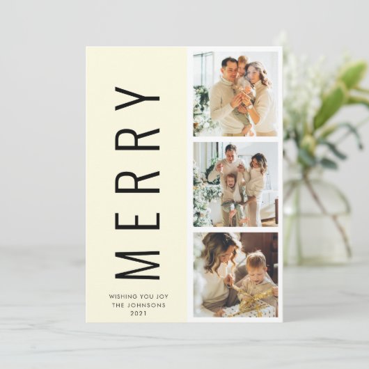 ミニマリモダンストホワイトメリークリスマス3フォトカード 招待状 (スタンド正面)