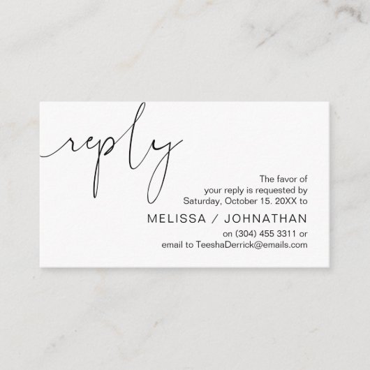 ミニマリモダンスト·ブラック·スクリプト、結婚式のRSVP エンクロージャーカード (正面)